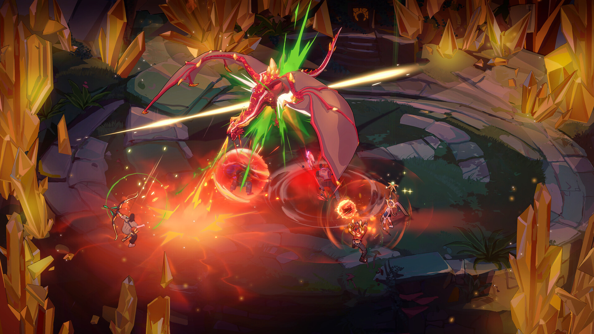 Guildrun heroes fighting a dragon in a crystal arena